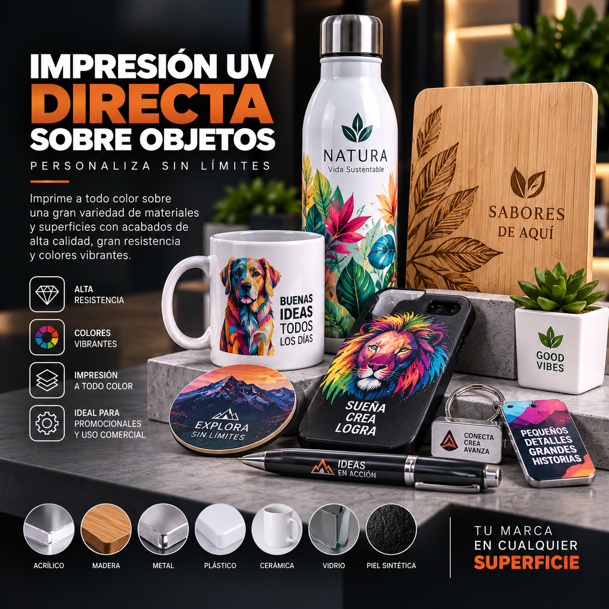 Composición ilustrativa de objetos personalizados para impresión UV directa