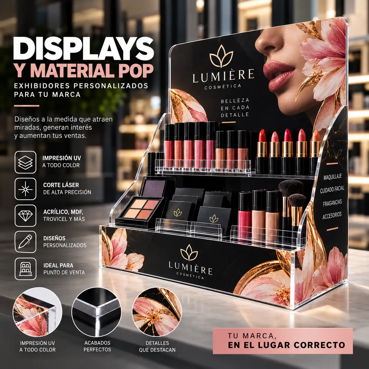 Concepto visual de exhibidor personalizado para cosmética con material POP e impresión UV